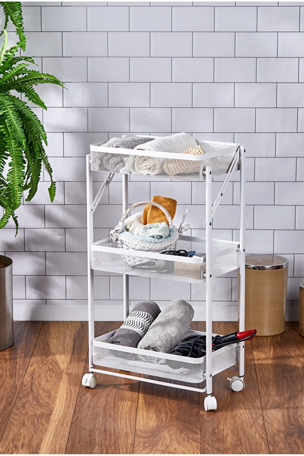 Cornella 3 Katlı Katlanır Beyaz Renk Metal Çok Amaçlı Organizer Tekerlekli Düzenleyici Dikdörtgen Sepet